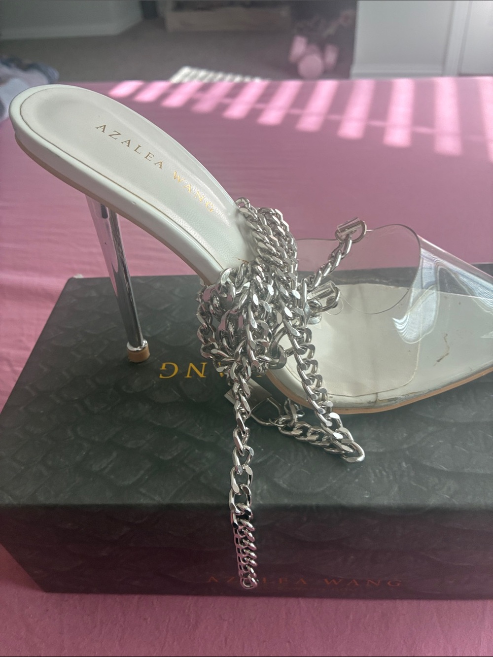 AZALEA Clear Chain-Embellished White High Heel Mule